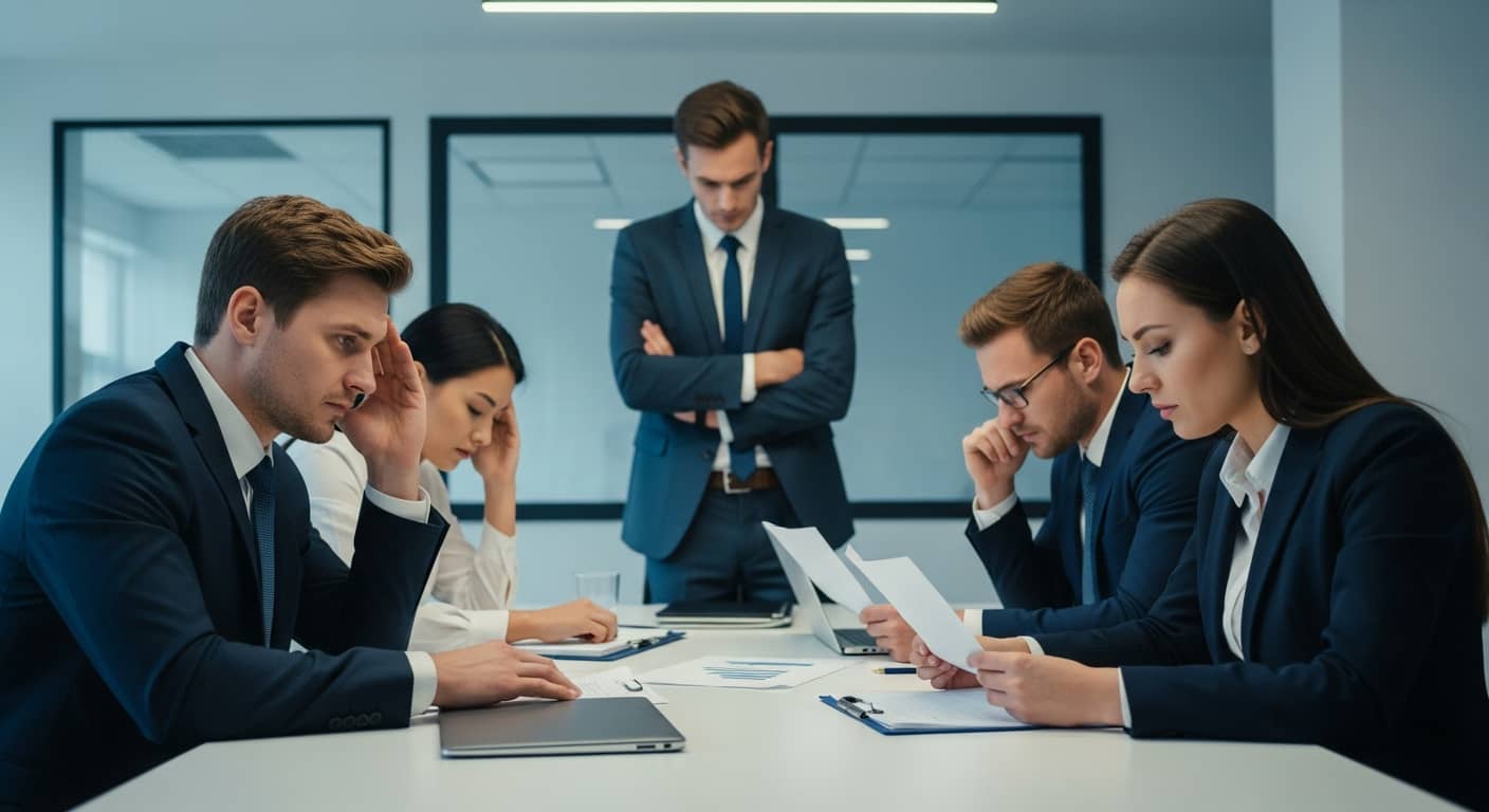 Un equipo de ventas de aspecto profesional pero frustrado en una oficina moderna.