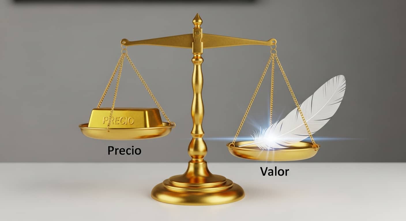Una balanza de la justicia donde un pequeño lingote de oro (el precio) es superado por una pluma brillante y grande (el valor).