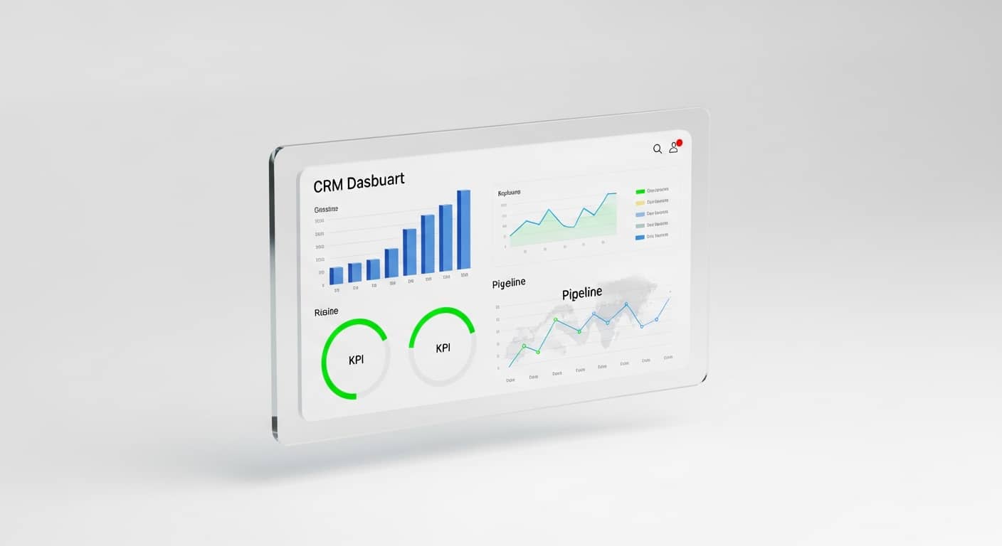 Un dashboard de CRM limpio y futurista proyectado en una pantalla de cristal flotante.