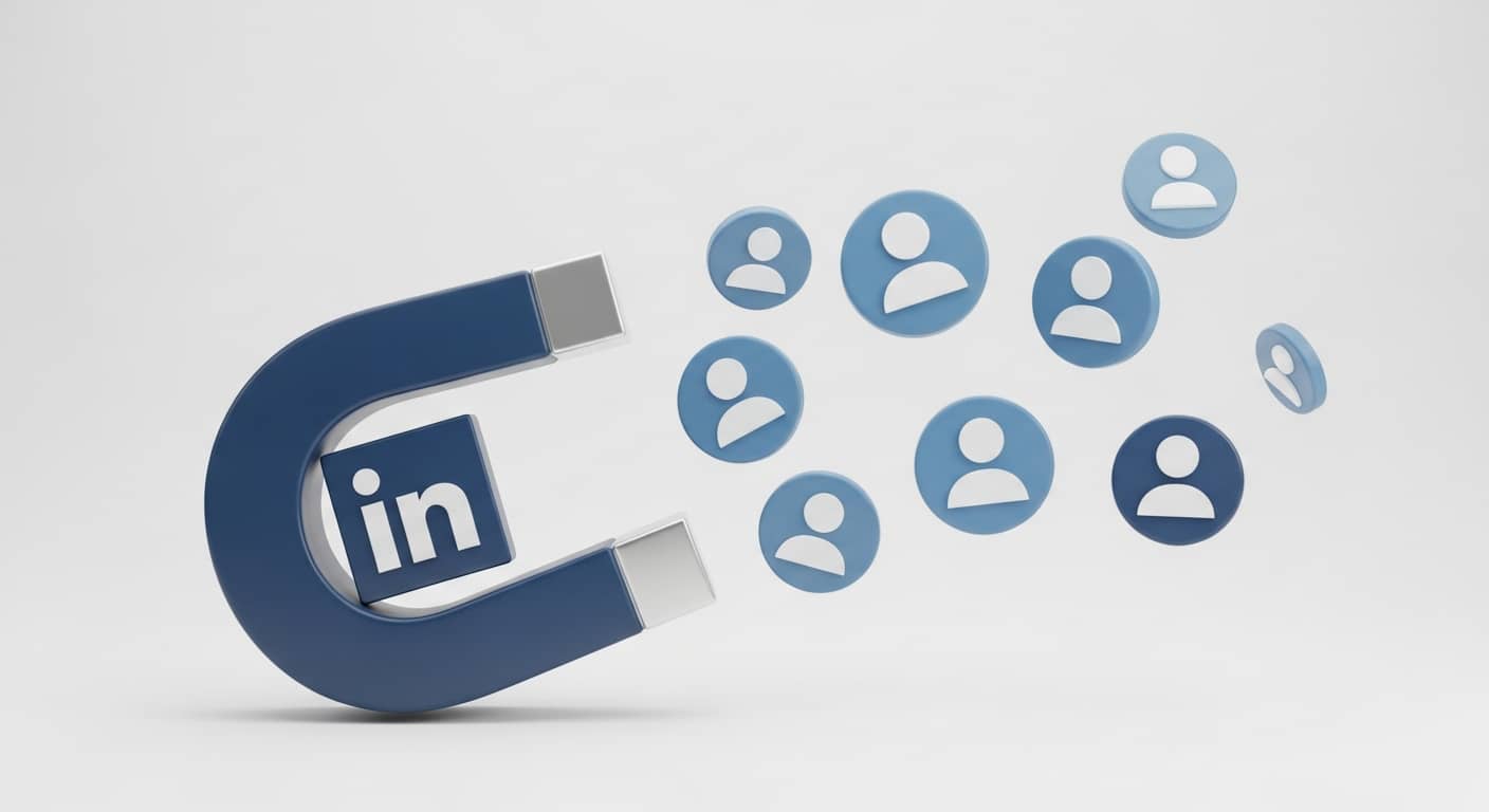 Un imán elegante y moderno con el logo de LinkedIn atrayendo iconos de clientes ideales.