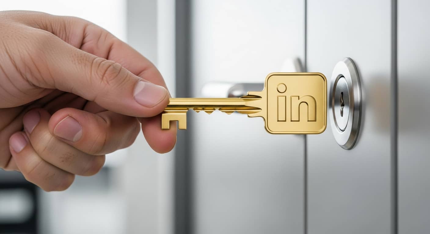 Una llave dorada con el logo de LinkedIn a punto de abrir la cerradura de una puerta.