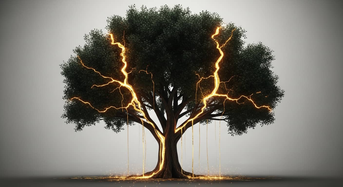 Un árbol Kintsugi de oro, con sus grietas reparadas con oro brillante, representando la fuerza a través de la adversidad.